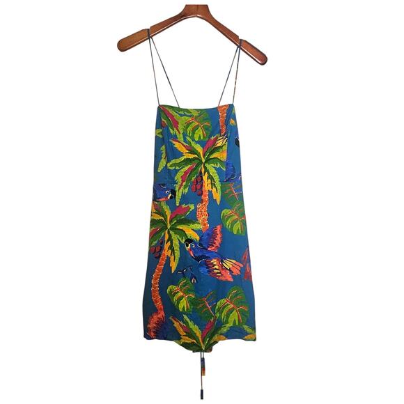 Farm Rio Blue Sunny Day Tropical Toucan & Palm Trees Linen Blend Mini Dress - Picture 3 of 10